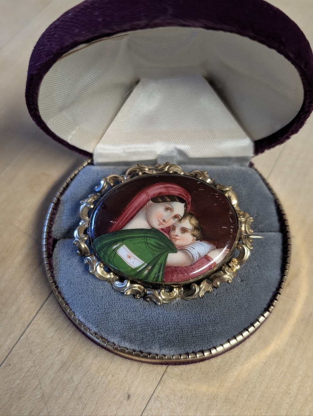 Antique Hand Painted Madonna and Child Brooch